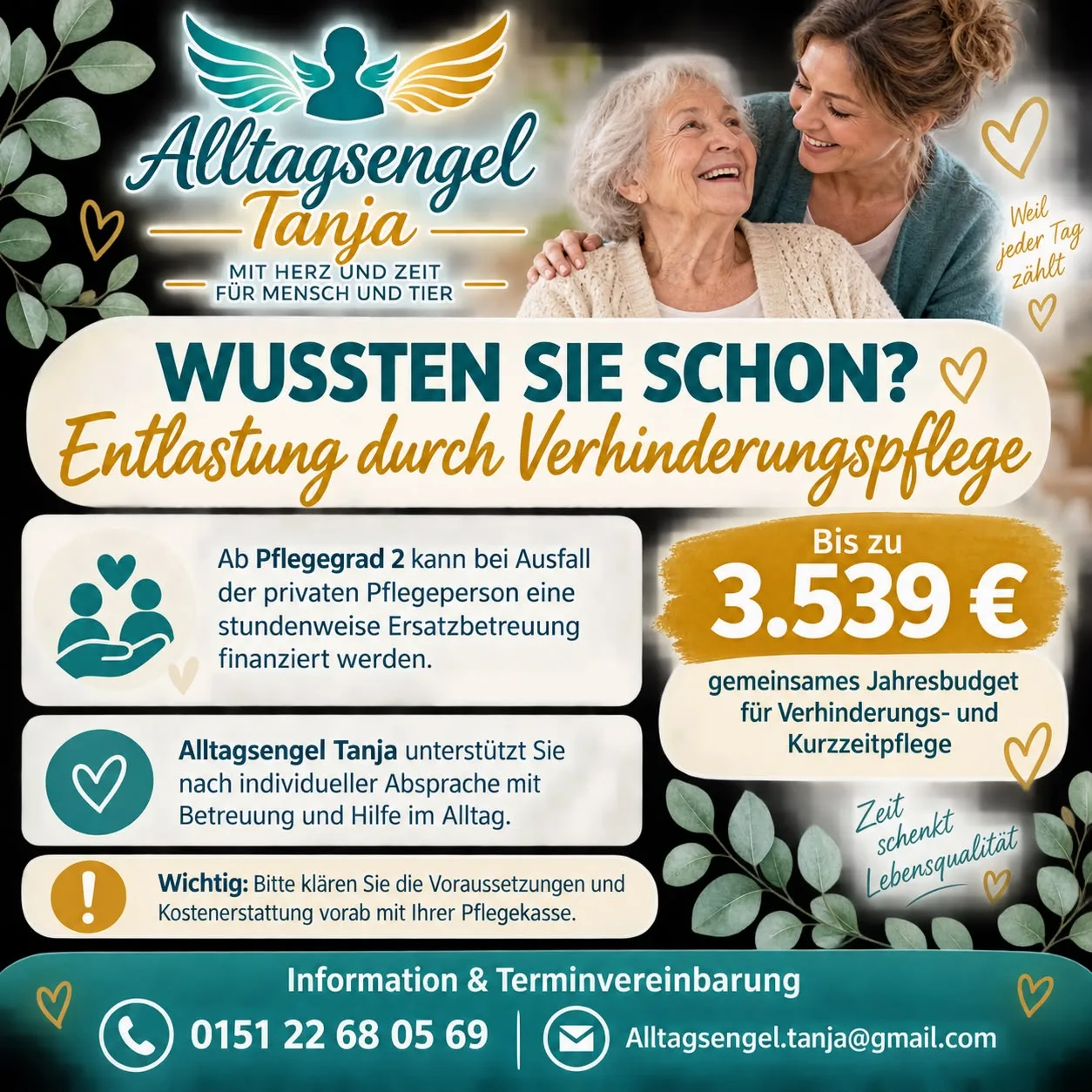 Entlastung durch Verhinderungspflege mit Alltagsengel Tanja: bis zu 3.539 € Jahresbudget